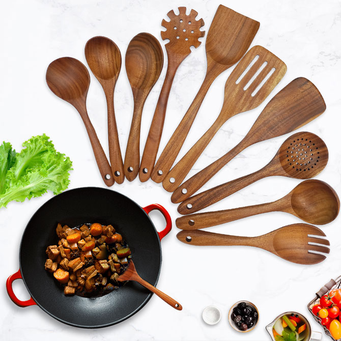 pack of 10 teak wooden spoons